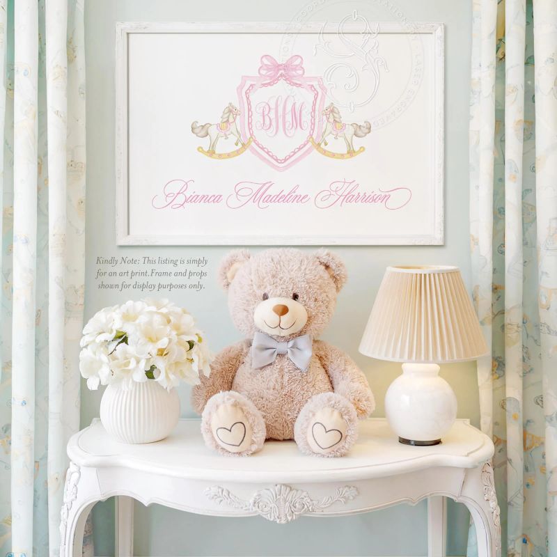 Pink Rocking Horse Monogram Crest Nursery Wall Art - Baby Girl Nursery - Art Print Room Decor Grandmillenial Girls Room Name Art (5x7 inches | Portrait)