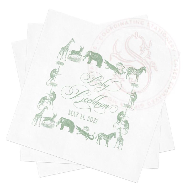 Safari Napkins Baby Boy Shower - Personalized Paper Napkins - Baby Boy Sprinkle - Custom Cocktail Napkins Sage Safari Animals Party (100 Napkins (minimum order) | Cocktail - 4.75 inch square)