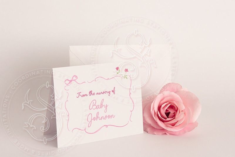 Hand Drawn Pink Bow Thank You Notes for Baby Girl Printed (20 printed notes)