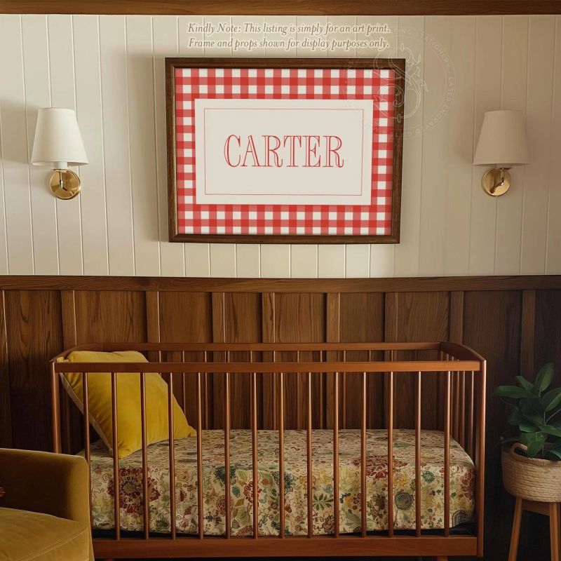 Boy Name Wall Art for Nursery - Personalized Printed Boy Room Decor - Gender Neutral Nursery - Red Gingham Name Print Over Crib art (5x7 inches | Landscape)