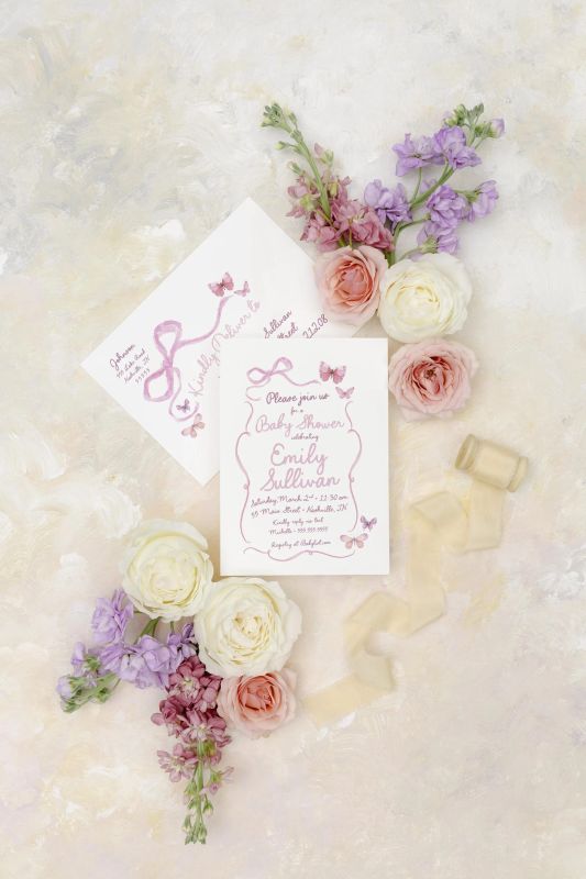 Butterfly Hand Drawn Bow Girl Baby Shower Invitations - Pink Bow Baby Girl Sprinkle Baby Sip and See 1st Birthday Girl Coquette Bow Printed (10 printed invitations | Plain White Envelopes)