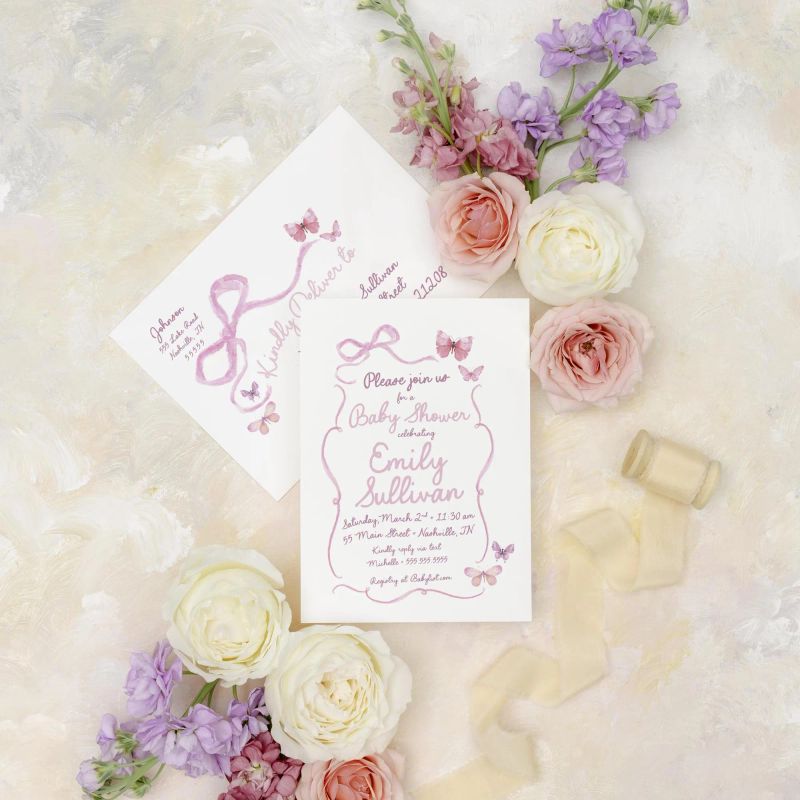 Butterfly Hand Drawn Bow Girl Baby Shower Invitations - Pink Bow Baby Girl Sprinkle Baby Sip and See 1st Birthday Girl Coquette Bow Printed (10 printed invitations | Plain White Envelopes)