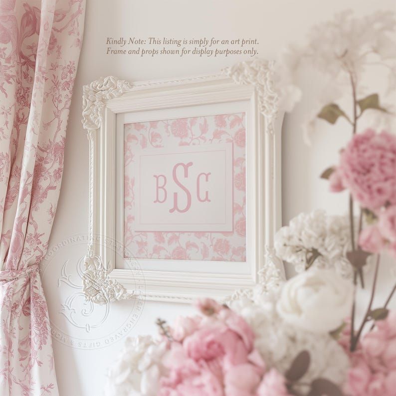 Pink Toile Wall Art for Nursery - Printed Monogram Girl Room Decor - Baby Girl Nursery - Grandmillenial Art Print Pink Chinoiserie Monogram (5x7 inches | Portrait)