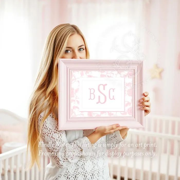 Pink Toile Wall Art for Nursery - Printed Monogram Girl Room Decor - Baby Girl Nursery - Grandmillenial Art Print Pink Chinoiserie Monogram (5x7 inches | Portrait)