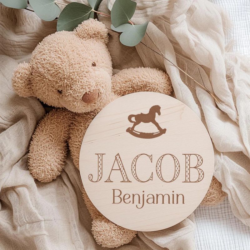Rocking Horse Baby Boy Name Announcement Sign – Personalized Wood Hospital Birth Plaque Newborn Name Reveal Prop Baby Boy Birth Announcement (4" inches)