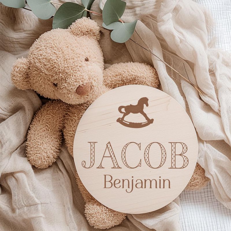 Rocking Horse Baby Boy Name Announcement Sign – Personalized Wood Hospital Birth Plaque Newborn Name Reveal Prop Baby Boy Birth Announcement (4" inches)