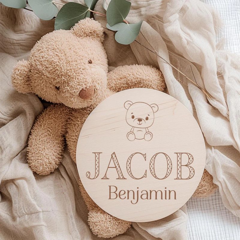 Teddy Bear Baby Boy Name Announcement Sign – Personalized Wood Birth Plaque Newborn Name Reveal Hospital Prop – Custom Baby Boy Announcement (4" inches)