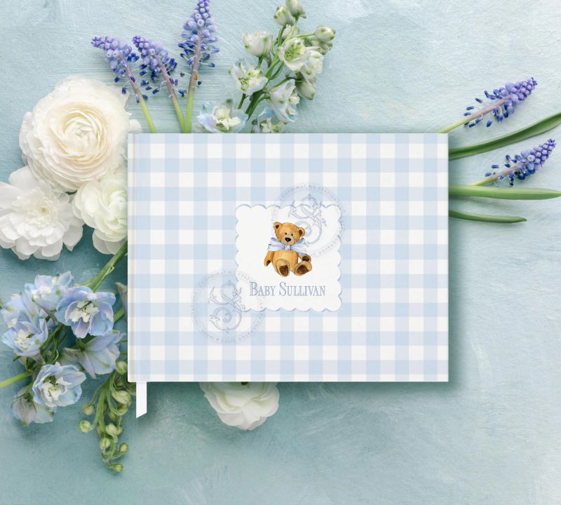 Guest Book for Teddy Bear Boy Baby Shower Blue Gingham Classic Baby Boy Sprinkle Sip and See Personalized We can Bearly Wait