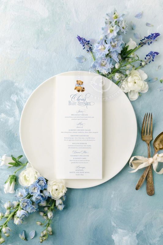 Teddy Bear Baby Shower Menu - Blue and White Baby Boy Shower - Printed Menu Cards (JPG one per page)