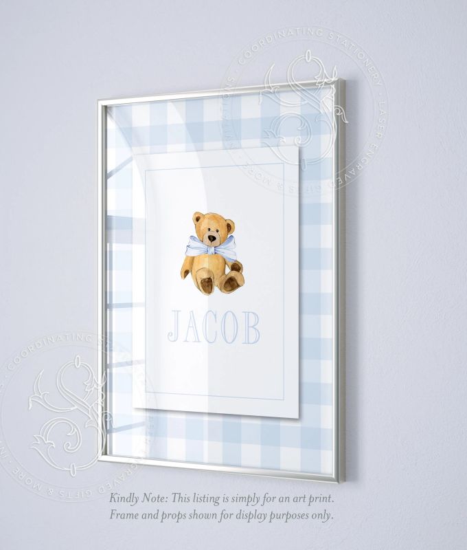 Baby Boy Name Print, Baby Boy Nursery Wall Art, Teddy Bear Nursery Art, Blue Nursery Decor Personalized Boys Room Name Art (5x7 inches | Portrait)