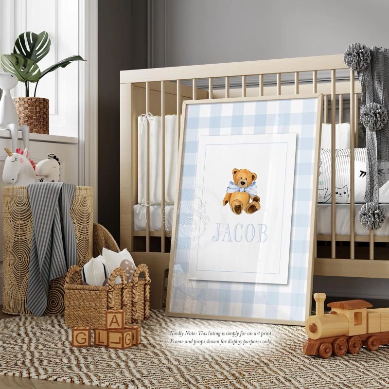 Baby Boy Name Print, Baby Boy Nursery Wall Art, Teddy Bear Nursery Art, Blue Nursery Decor Personalized Boys Room Name Art (5x7 inches | Portrait)