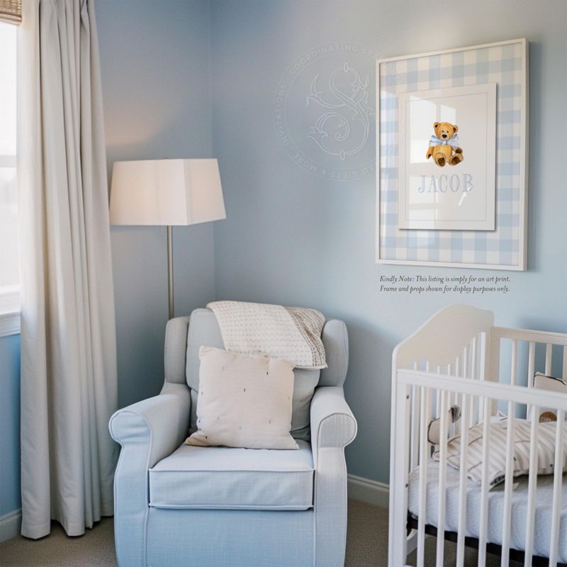 Baby Boy Name Print, Baby Boy Nursery Wall Art, Teddy Bear Nursery Art, Blue Nursery Decor Personalized Boys Room Name Art (5x7 inches | Portrait)