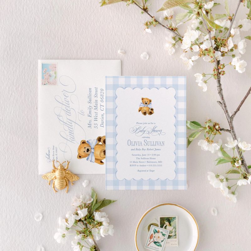 Classic Baby Boy Shower Invitation Teddy Bear Boy Baby Sprinkle Traditional Blue Gingham Preppy - We Can Bearly Wait (10 printed invitations | Plain White Envelopes)