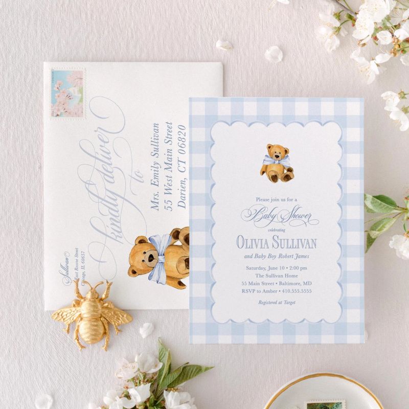 Classic Baby Boy Shower Invitation Teddy Bear Boy Baby Sprinkle Traditional Blue Gingham Preppy - We Can Bearly Wait (10 printed invitations | Plain White Envelopes)