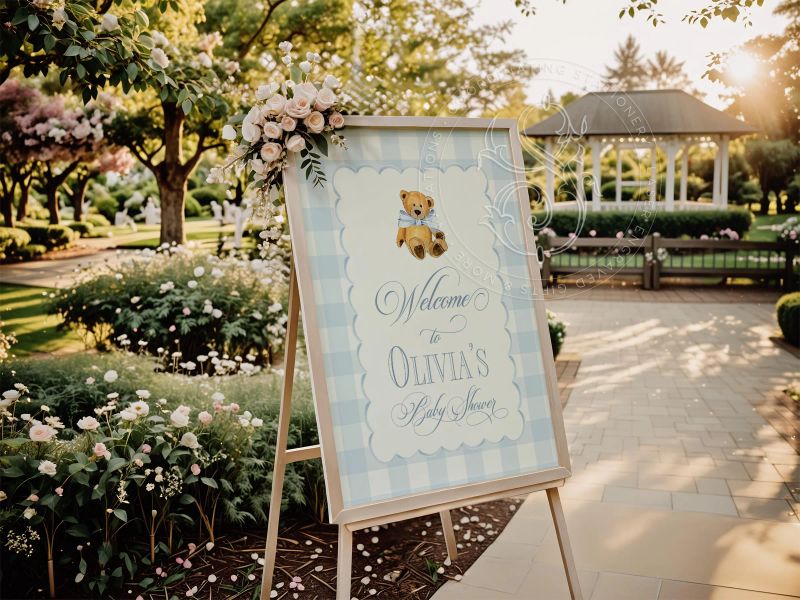 Teddy Bear Baby Boy Shower Welcome Sign - 18x24" Printable - Blue and White Gingham