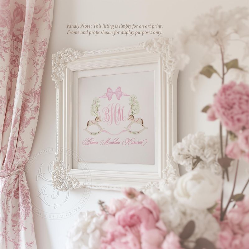Pink Rocking Horse Crest: Elegant Nursery Wall Art for Baby Girls - Grandmillennial Print (5x7 | Portrait (frame NOT included))
