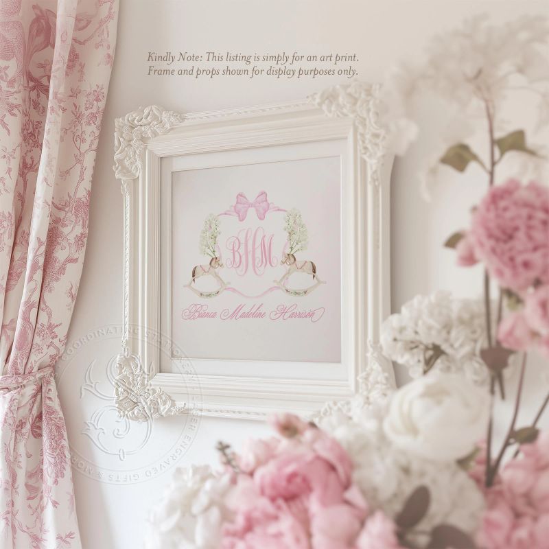 Pink Rocking Horse Crest: Elegant Nursery Wall Art for Baby Girls - Grandmillennial Print (5x7 | Portrait (frame NOT included))