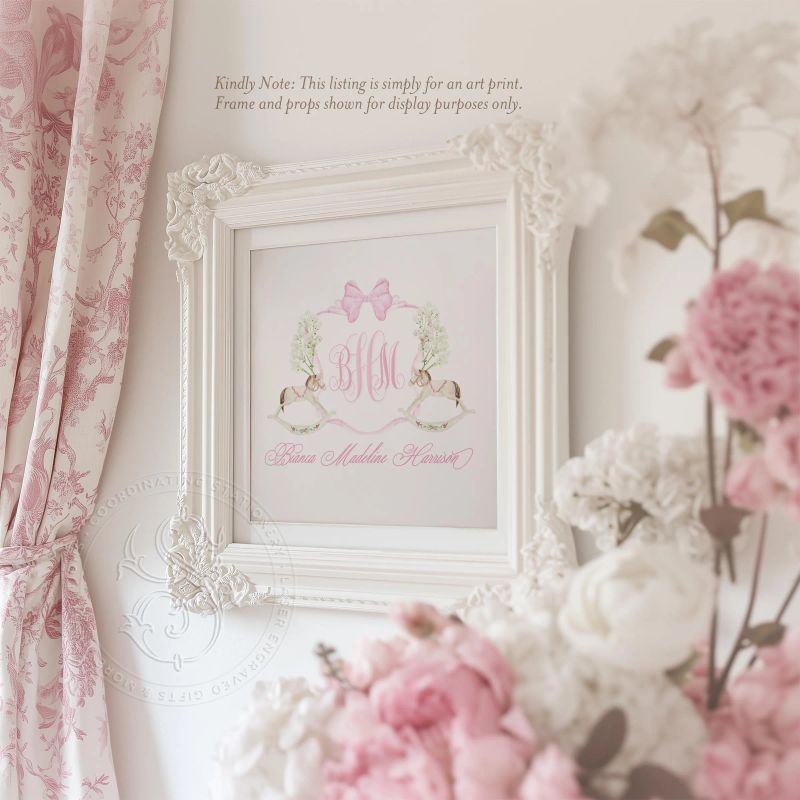 Pink Rocking Horse Crest: Elegant Nursery Wall Art for Baby Girls - Grandmillennial Print (5x7 | Portrait (frame NOT included))
