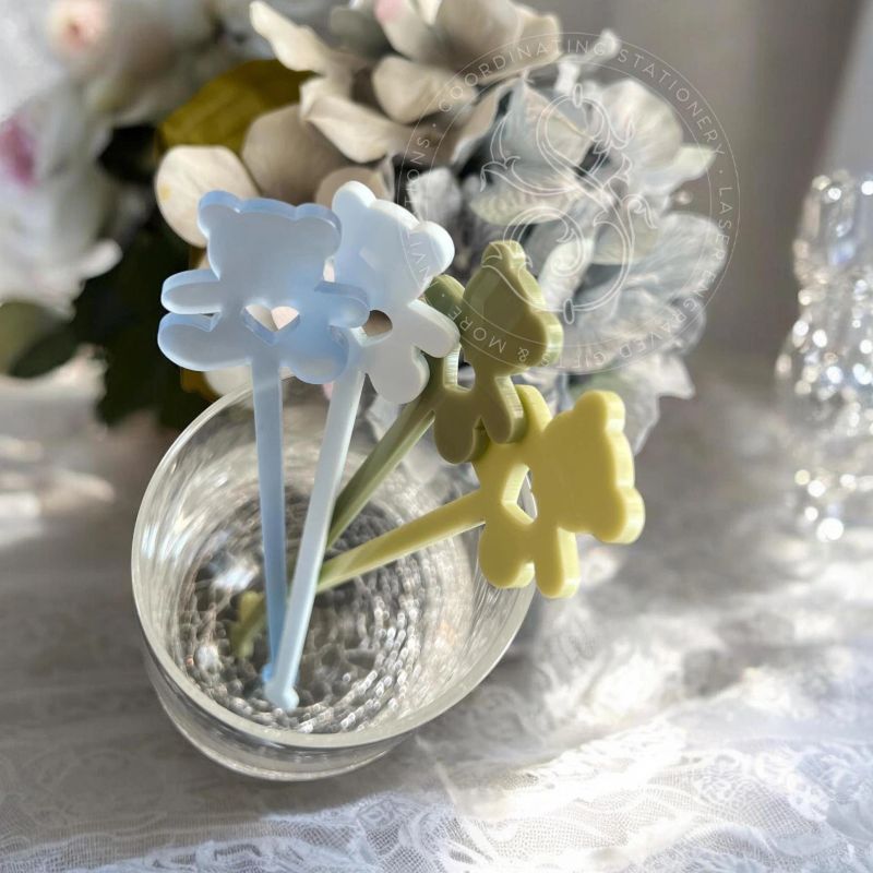 Teddy Bear Drink stirrers: acrylic stir sticks, old money aestethic (Set of 5 stirrers, Frosted Blue)