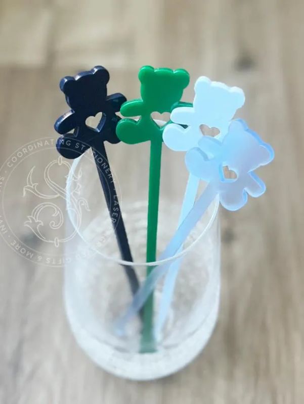 Teddy Bear Drink stirrers: acrylic stir sticks, old money aestethic (Set of 5 stirrers, Frosted Blue)