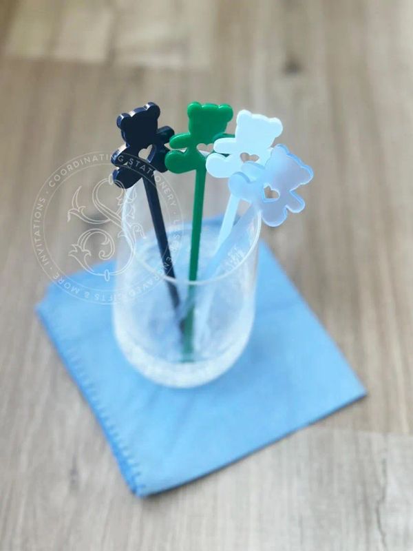 Teddy Bear Drink stirrers: acrylic stir sticks, old money aestethic (Set of 5 stirrers, Frosted Blue)
