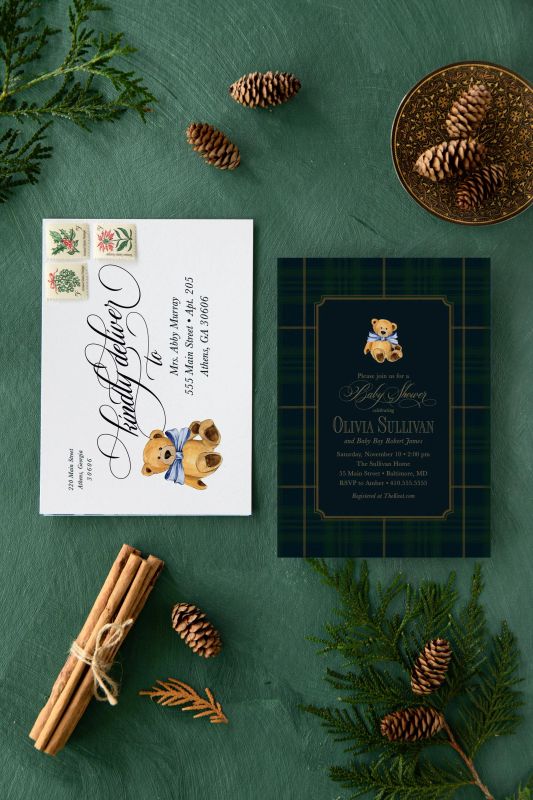 Teddy Bear Baby Shower Invitations: Tartan Plaid, Boy Theme (10 printed invitations | Plain White Envelopes)