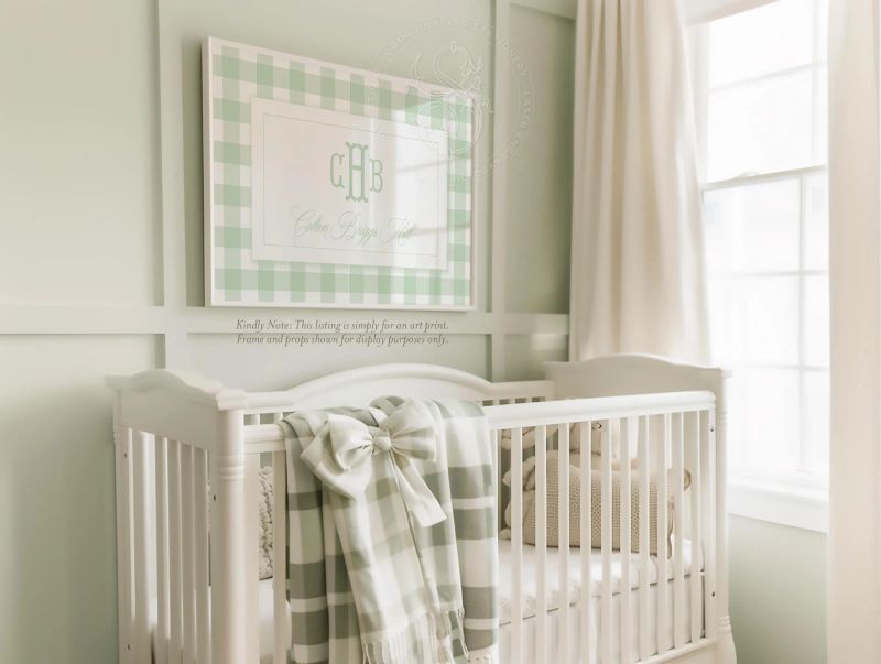 Over Crib Monogram and Name Art Print for Sage Green Baby Boy Nursery (5x7 | Portrait (frame NOT included))