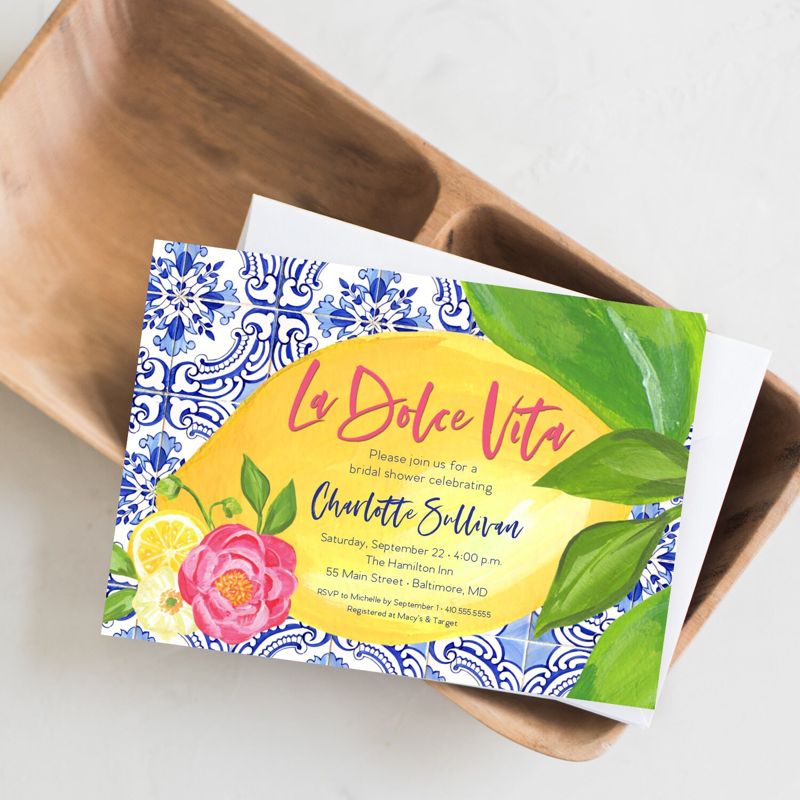 La Dolce Vita - Tuscan Lemon and Fuschia Floral Bridal Shower Invitation - Portuguese Blue Tile and Lemon Bridal Shower Invitation (10 printed invitations | Plain White Envelopes)