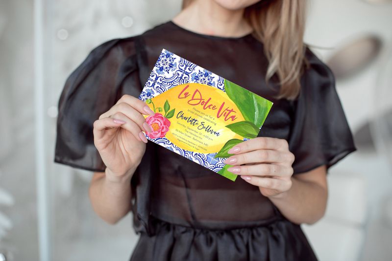 La Dolce Vita - Tuscan Lemon and Fuschia Floral Bridal Shower Invitation - Portuguese Blue Tile and Lemon Bridal Shower Invitation (10 printed invitations | Plain White Envelopes)