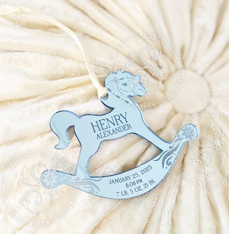 Rocking Horse Keepsake Christmas Ornament: Baby Boy’s First christmas birth statistic (Rose Gold Mirror)