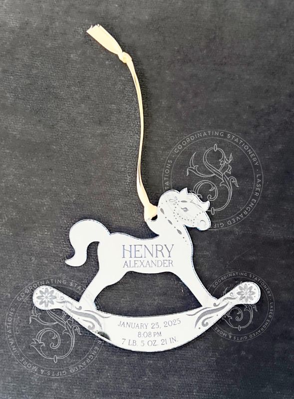 Rocking Horse Keepsake Christmas Ornament: Baby Boy’s First christmas birth statistic (Rose Gold Mirror)