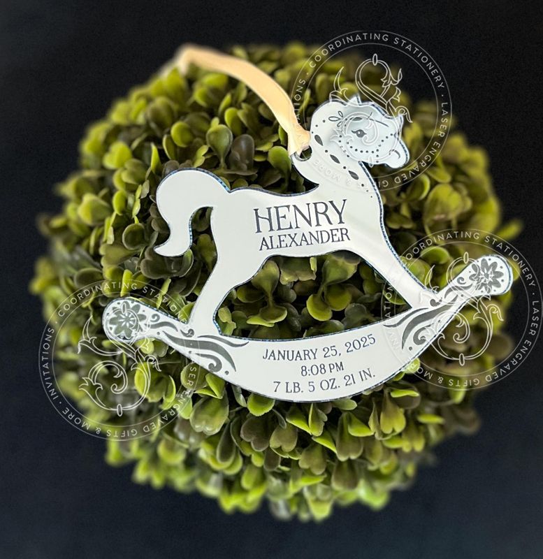 Rocking Horse Keepsake Christmas Ornament: Baby Boy’s First christmas birth statistic (Rose Gold Mirror)