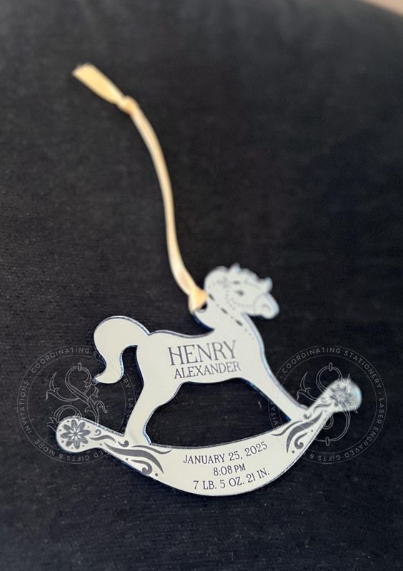 Rocking Horse Keepsake Christmas Ornament: Baby Boy’s First christmas birth statistic (Rose Gold Mirror)