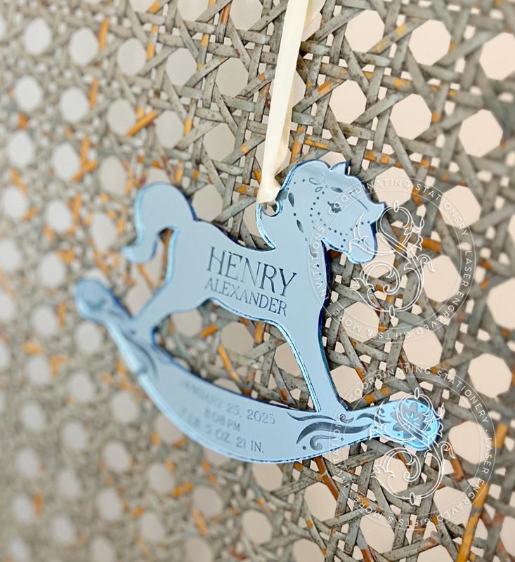 Rocking Horse Keepsake Christmas Ornament: Baby Boy’s First christmas birth statistic (Rose Gold Mirror)