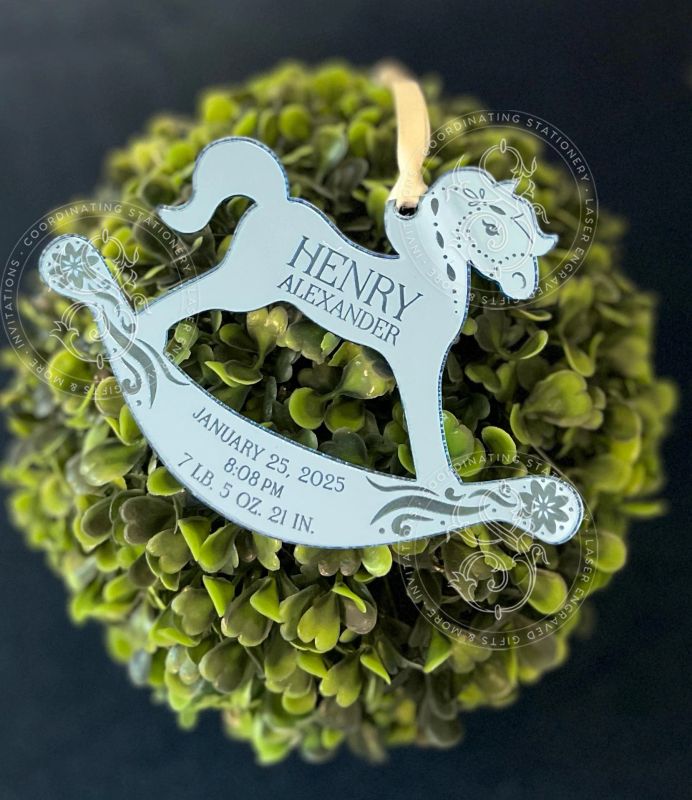 Rocking Horse Keepsake Christmas Ornament: Baby Boy’s First christmas birth statistic (Rose Gold Mirror)