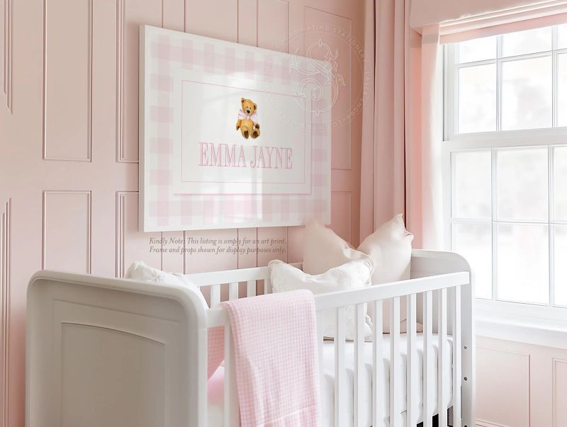 Baby Girl Name Print, Baby Girl Nursery Wall Art, Teddy Bear Nursery Art, Pink Gingham Nursery Decor Personalized (5x7 inches | Portrait (frame NOT included))