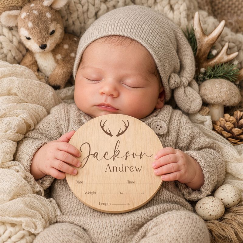 Antler Baby Boy Birth Announcement Sign: Engraved Wood Stats (4" inches)