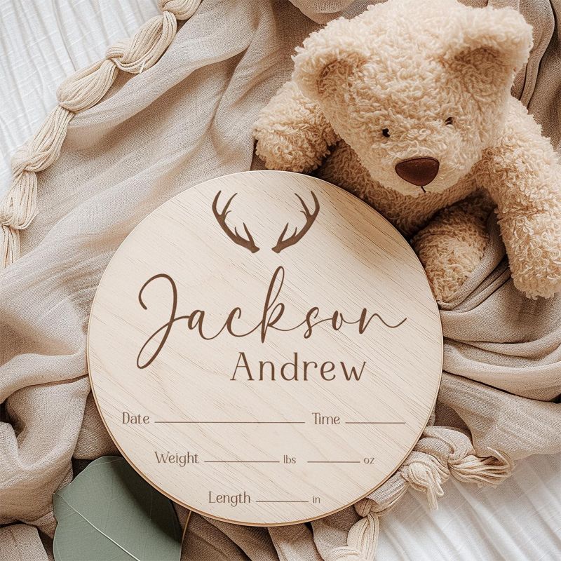 Antler Baby Boy Birth Announcement Sign: Engraved Wood Stats (4" inches)