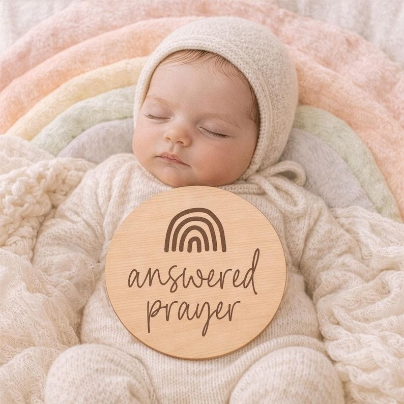 Answered Prayer Photography Prop: Rainbow Baby Announcement Wooden Sign (4" inches)