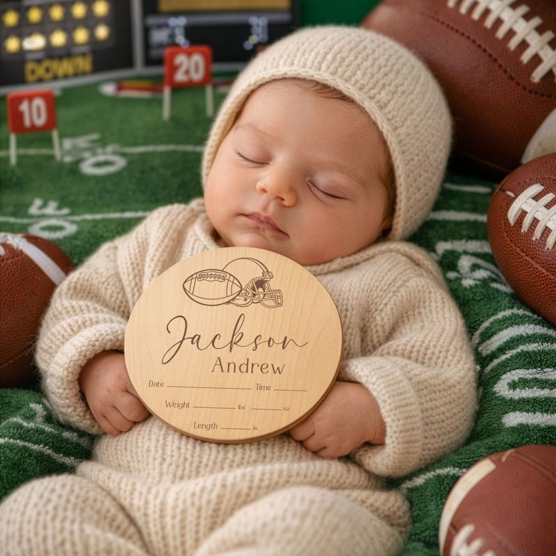 Football Baby Boy Name and Birth Stats Announcement Sign for Hospital (4" inches)