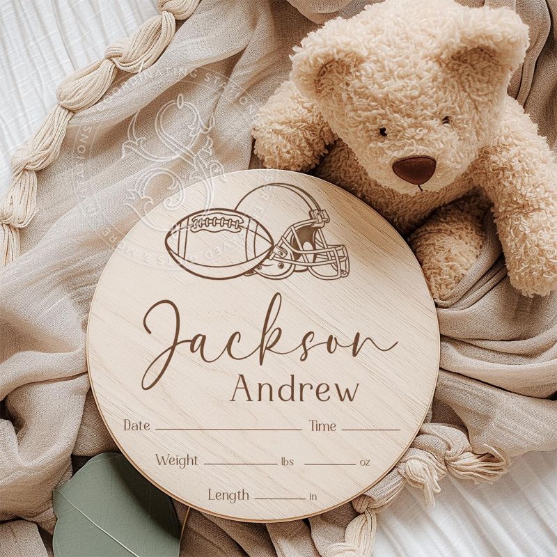 Football Baby Boy Name and Birth Stats Announcement Sign for Hospital (4" inches)