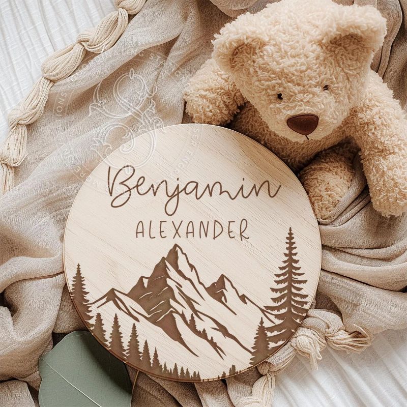 Mountain Baby Name Announcement Sign: Wood Photo Prop (4" inches)