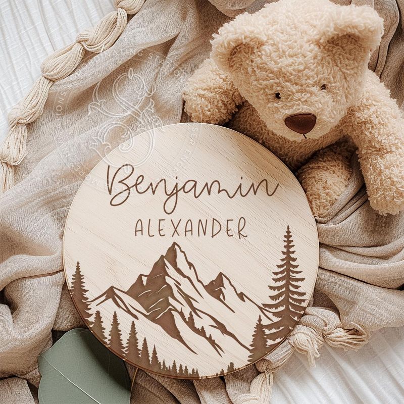 Mountain Baby Name Announcement Sign: Wood Photo Prop (4" inches)