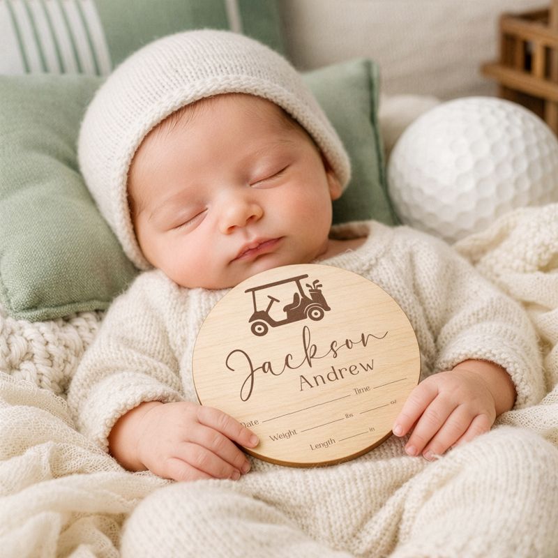 Golf Baby Boy Name and Birth Stats Announcement Sign for Hospital (4" inches)