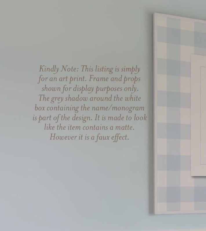 Personalized Name Print: Blue, Pink or Sage Green Gingham Nursery Wall Art (5x7 | Blue (NO frame))