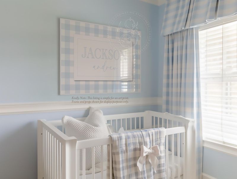 Personalized Name Print: Blue, Pink or Sage Green Gingham Nursery Wall Art (5x7 | Blue (NO frame))
