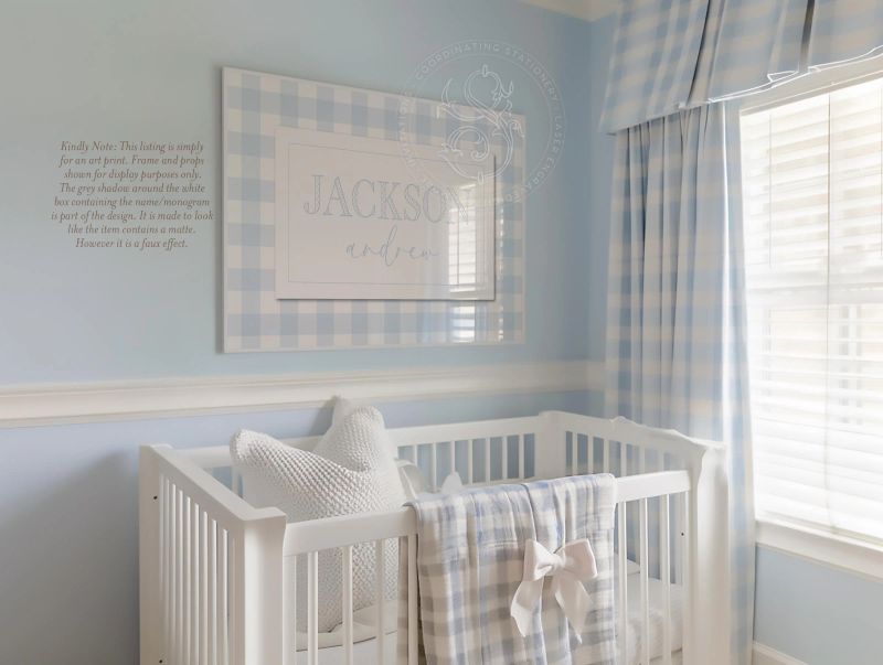 Personalized Name Print: Blue, Pink or Sage Green Gingham Nursery Wall Art (5x7 | Blue (NO frame))