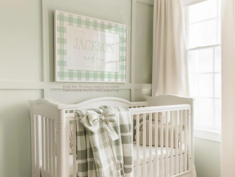 Personalized Name Print: Blue, Pink or Sage Green Gingham Nursery Wall Art (5x7 | Blue (NO frame))