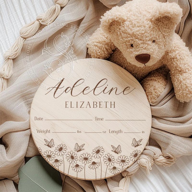 Wooden Baby Name Sign: Birth Stats Announcement (4" inches)