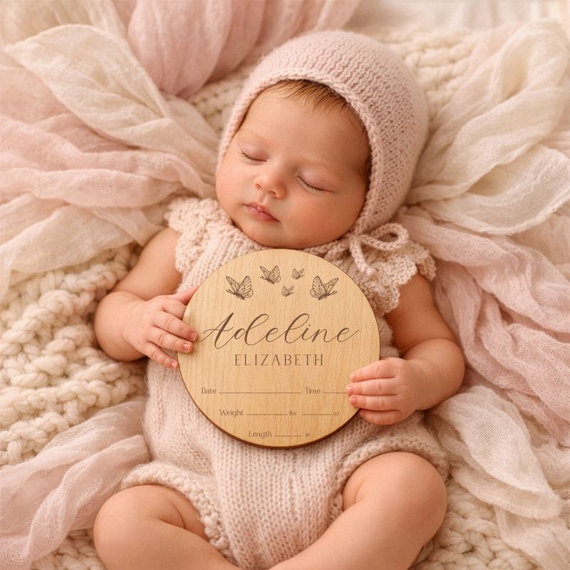 Engraved Wood Baby Name Announcement Sign: Butterfly Photo Prop (4" inches)